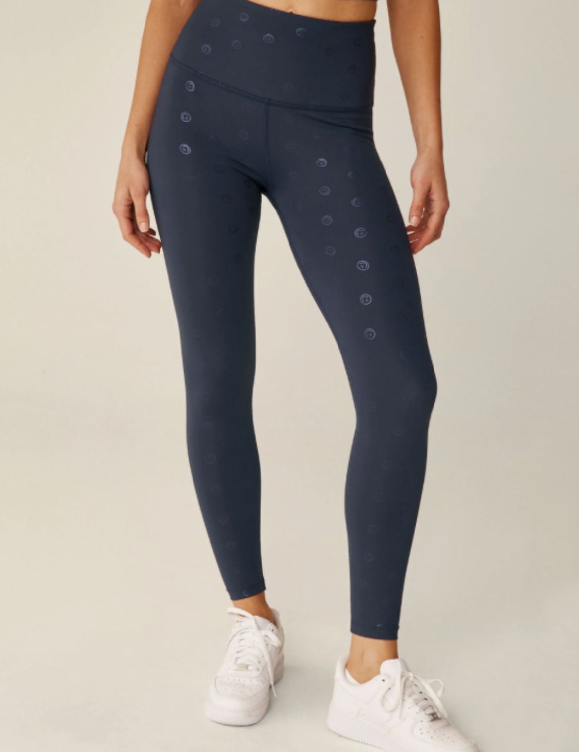 Beyond Yoga Leggings Happy Smiley Foil Print Navy Blue Size Medium